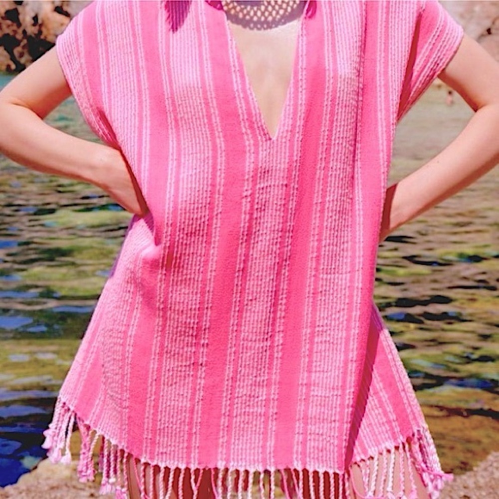 Zara Fringe Rustic Caftan Swim Cover Up pink & white stripes S/M NWT - Picture 3 of 14